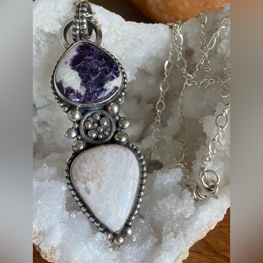 Beautiful Scolecite & Lepidolite Sterling Necklace
